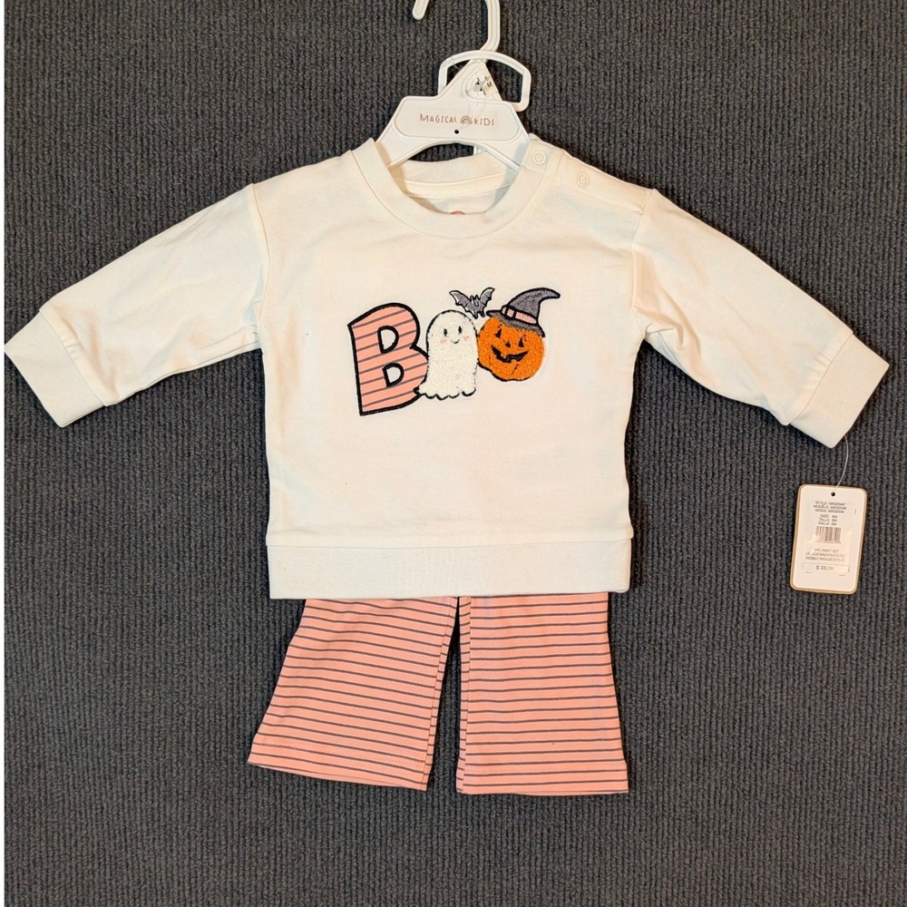 Magical Kids Halloween Boo Ghost Pumpkin 2PC Set 6M Cream Pink Black Stripe NEW